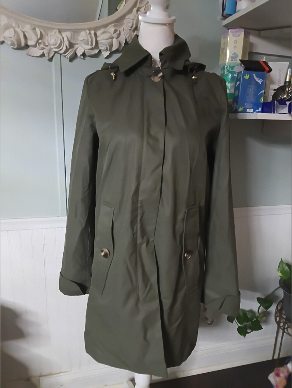 ANTONIO MELANI Olive Trench Coat with Button-Flap Pockets